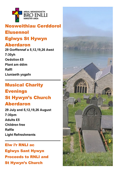 Musical Charity Evenings St Hywyn's Church, 29th July and 5,12,19,26 August, 7.30pm