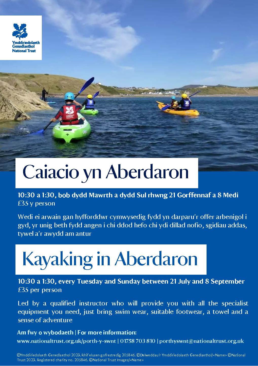 Kayaking in Aerdaron - 10:30 a 1:30, every Tuesday and Sunay between 21 July and 8 September. £35 per person